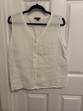 Eileen Fisher White Sleeveless V-Neck 100% Linen Button Front Top